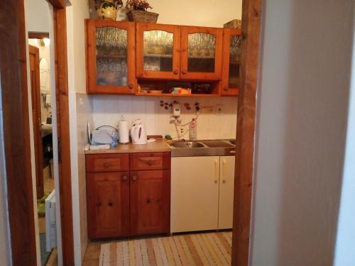 a kitchen with wooden cabinets and a sink at Apartmán Margarétka in Liptovský Trnovec