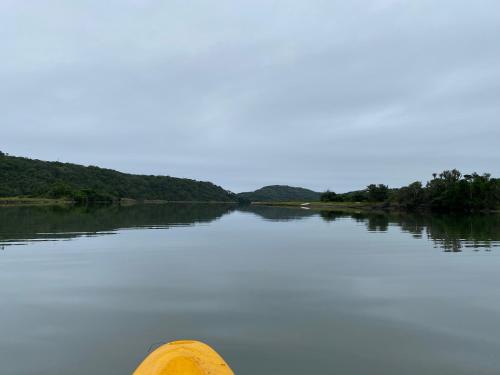 a view from the bow of a boat on a river at East London - Airport - Birder Paradise Units in Gulu
