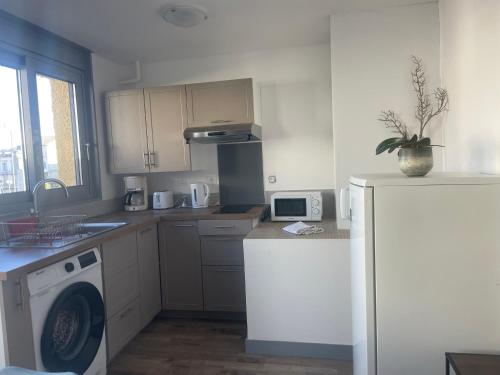 une cuisine avec un réfrigérateur et un lave-vaisselle dans l'établissement place Peyramale, à Lourdes