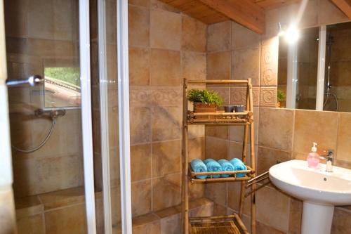 ein Badezimmer mit Dusche und Waschbecken in der Unterkunft Naturgelegenes Resort in Alboy