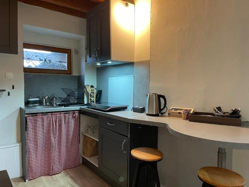 a kitchen with a counter with a sink and a stove at Charmant studio indépendant in Oinville-sur-Montcient