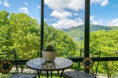 a table with a cactus on a balcony with mountains at Mountain View 3BR with Sunroom, Close to Ski and Trails in Maggie Valley