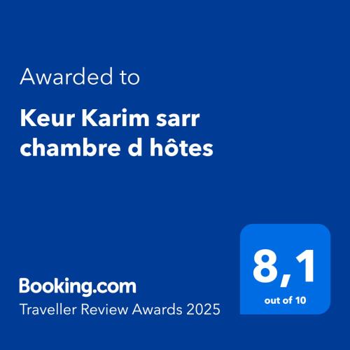 a screenshot of a cell phone with the text awarded to kent kirm san at Keur Karim sarr chambre d hôtes in Mbour