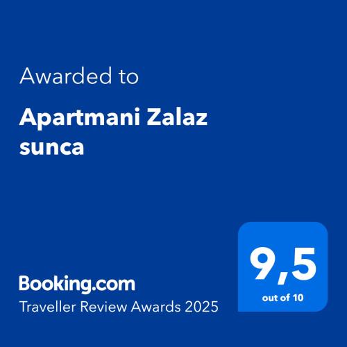 a blue screen with the text awarded to apartment zaza sauna at Apartmani Zalaz sunca in Blato