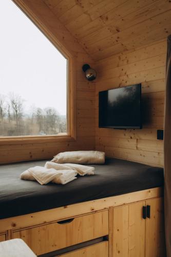 Blockhütte mit einem großen Fenster und einem Flachbild-TV in der Unterkunft Tiny house s vyhřívacím koupacím sudem in Nové Hrady
