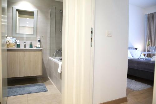 a bathroom with a shower and a sink and a tub at Apartment BW Maria Belgrade in Sajmište