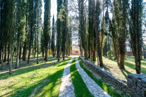a path in a park with trees and a building at Vila Agava, Konavle in Gruda