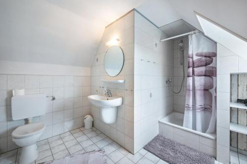 a bathroom with a toilet and a sink and a shower at Gästehaus Bi de Ley in Langeneß