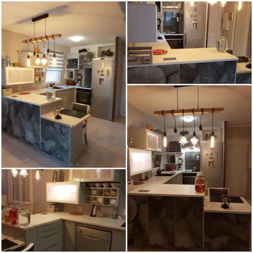 quatre vues différentes sur une cuisine avec des placards blancs dans l'établissement L'Espésun, à Sausset-les-Pins