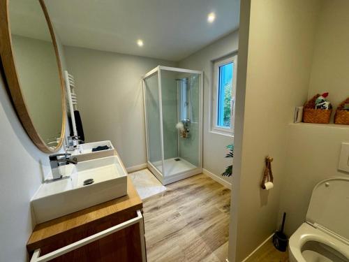 a bathroom with a shower and a sink and a mirror at Petite maison Normande Calme Meublé Tourisme 2 étoiles in Agon Coutainville