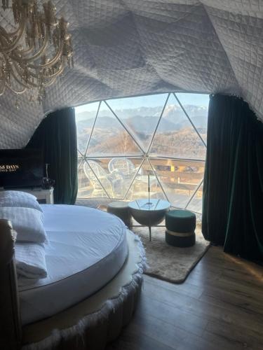 a bedroom with a bed and a large window at CABANA 365 in Braşov