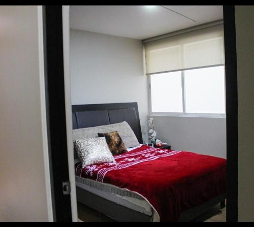 un cane che giace su un letto in una camera da letto di Acogedora Recamara Matrimonial con Blackout - A solo 2 cuadras del WTC! a Città del Messico