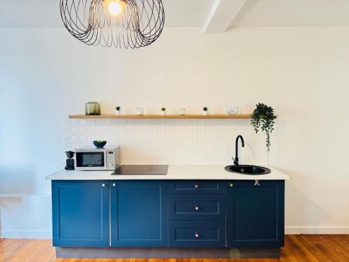 - une cuisine bleue avec évier et four micro-ondes dans l'établissement Le Charme de Champagne - Proche Centre - Spacieux 3 chambres, à Troyes