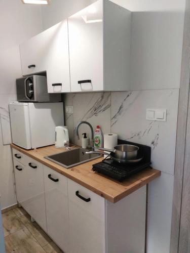 a small kitchen with white cabinets and a sink at Zasankowe Wzgórze in Zasań