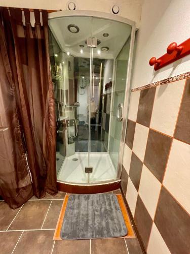 une douche avec une porte vitrée dans une salle de bain dans l'établissement Chambre chez l'habitant à Centron au cœur de la Haute-Tarentaise, à Aime La Plagne