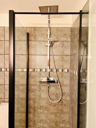 une douche avec pommeau de douche dans une salle de bain dans l'établissement T2 Beaux Arts parking privé gratuit, à Montpellier