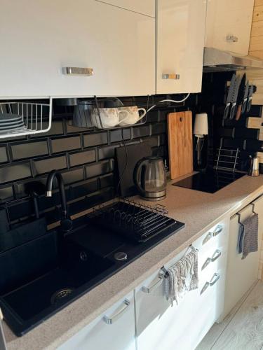 a kitchen with a sink and a counter top at Tiny House v Balijském stylu v srdci Slovácka in Uherský Ostroh