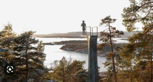 a person standing on top of a tower near a lake at Extravagant villa central & by the sea in Oslo