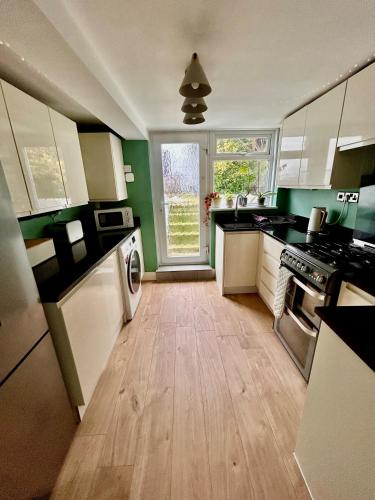 a kitchen with green walls and a wooden floor at Hanover House in Brighton & Hove