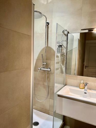 une salle de bain avec douche et lavabo dans l'établissement Superbe- 2 terraces hypercentre plage 5mn à pied, à Biarritz