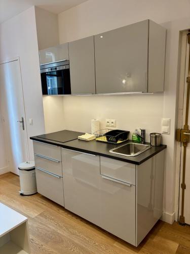 une cuisine avec un évier et un plan de travail dans l'établissement Appartement Trouville Les Bains à deux pas de la plage, à Trouville-sur-Mer