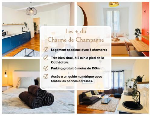 un collage de photos d'un salon et d'une cuisine dans l'établissement Le Charme de Champagne - Proche Centre - Spacieux 3 chambres, à Troyes