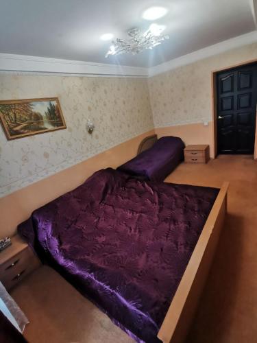 a bed in a bedroom with a purple comforter at Просторі апартаменти на ВДНГ in Kyiv
