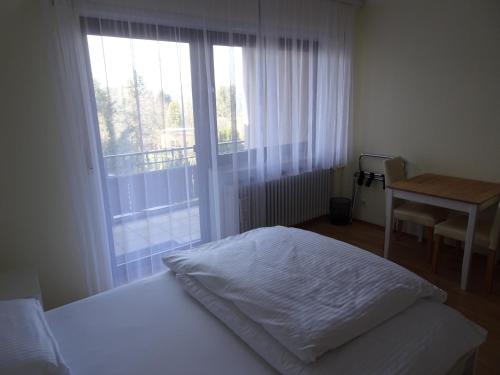 Schlafzimmer mit einem Bett, einem Fenster und einem Schreibtisch in der Unterkunft Hotel-Pension Schlossgarten in Trippstadt
