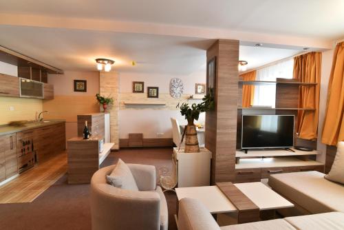 a living room with a couch and a television at Hotel Ana Lux Spa in Pirot