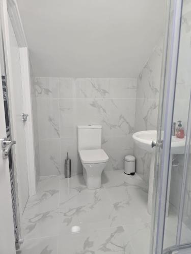 a white bathroom with a toilet and a sink at Abi's World - 23 Kilmartin Grove Green, Hollystown, Dublin 15 in Dublin