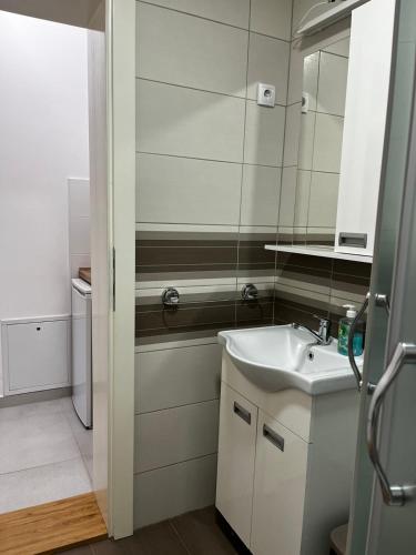 a bathroom with a sink and a mirror at Apartman Centar in Sombor