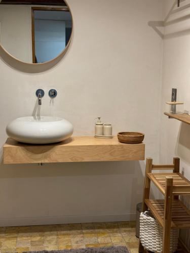 een badkamer met een witte wastafel en een spiegel bij Le Clos Saint-Jacques in Grenoble