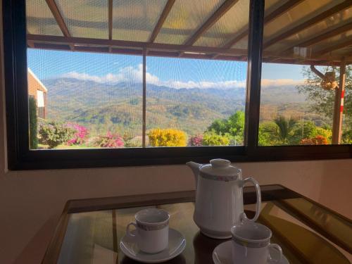 a tea kettle and cups on a glass table in front of a window at Conectar con la naturaleza in Esparza