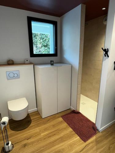 une salle de bain avec toilettes et fenêtre dans l'établissement Ty Nid d'Amour Ty Mamou, à Névez