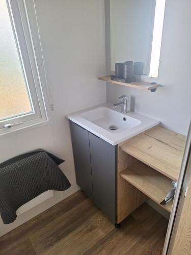 a bathroom with a white sink and a window at MH 535 Tout équipé 3 CHAMBRES 1 SDB dans camping 4 étoiles in Saint-Julien-en-Born