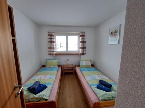 two beds in a small room with a window at Haus am See in Tarasp