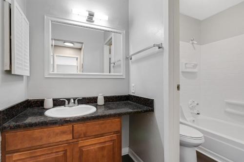 a bathroom with a sink and a toilet and a mirror at Sweetwater 5f I Beautiful 1bd Apt I Free Parking in Gainesville