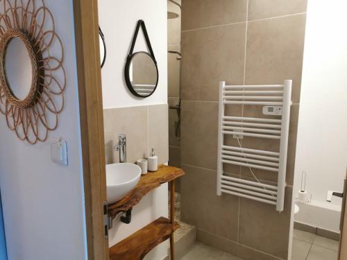 une salle de bain avec un lavabo et un miroir dans l'établissement Appartement rénové Port de Hyères plage à pieds, à Hyères