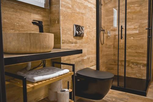 ein Badezimmer mit Waschbecken und Dusche in der Unterkunft Stone Apartment with sauna Sinaia in Sinaia