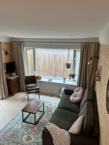 a living room with a couch and a window at Cozy wooden cottage de Veluwe in Putten