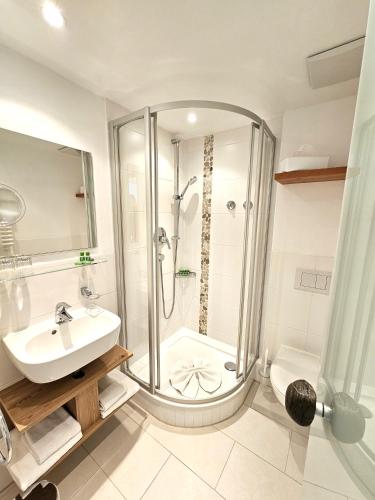 a bathroom with a shower and a sink at Naturhotel Waldesruhe Oberstdorf in Oberstdorf