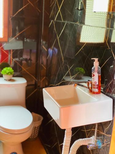 a bathroom with a sink and a toilet at Cabañas cerca de Baños de Agua Santa - RIO VERDE in Río Verde