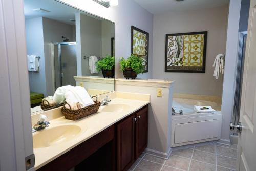 une salle de bain avec un lavabo, un miroir et une baignoire dans l'établissement Vacation Village at Williamsburg, à Williamsburg