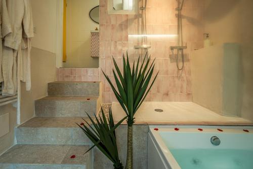 een badkamer met een bad, een douche en een plant bij Casa Amor Balnéo Sauna in Lézignan-Corbières