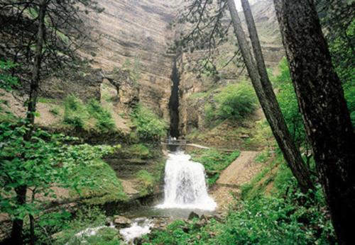 a waterfall in the middle of a forest at Gite Saint Guiral en pleine nature in Dourbies