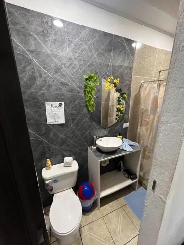 a bathroom with a toilet and a sink at HOUSE Of Rainbow in Tortuguero