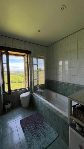 une salle de bain avec une baignoire, un lavabo et une fenêtre dans l'établissement Villa spacieuse avec piscine à Bas-Ségala, à La Bastide-lʼÉvêque