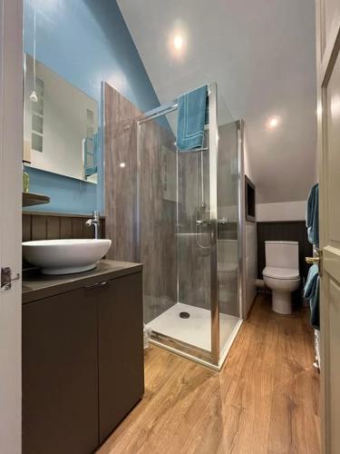 a bathroom with a shower and a sink and a toilet at The Cruachan Stoer in Stoer