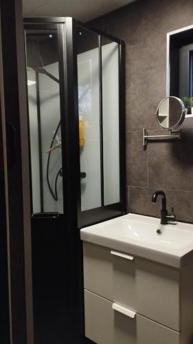 une salle de bain avec un lavabo et un miroir dans l'établissement Charmante cabane à la ferme, à 15 min de Moissac, à Moissac