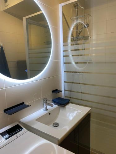 une salle de bain avec un lavabo et un miroir dans l'établissement Annecy centre, charmant studio, à Annecy